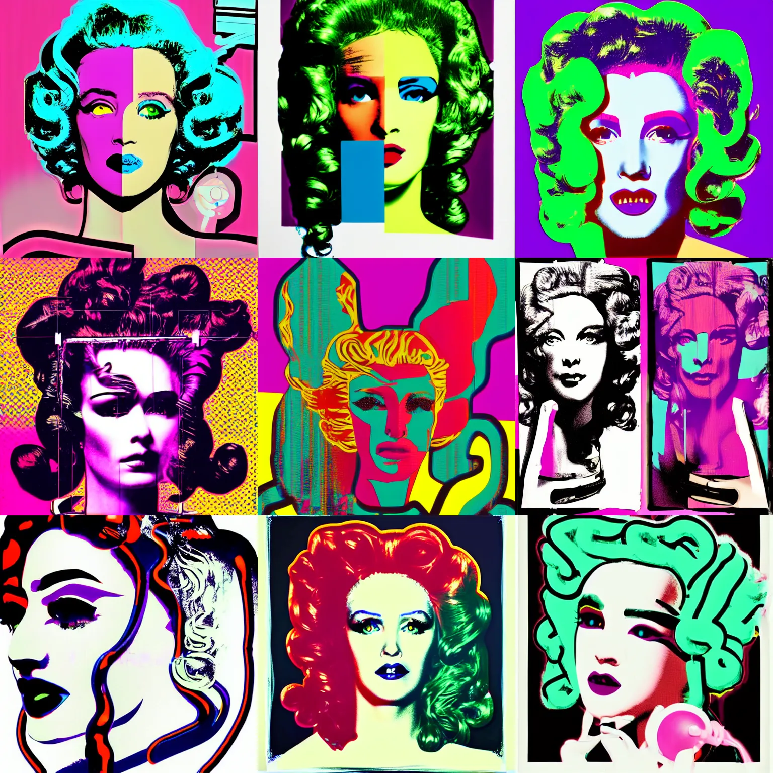 Prompt: medusa is playing with a computer, cyberpunk, pop art, style by andy warhol,
