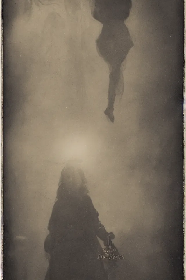 Image similar to wet plate sun tarot card victorian era, ghosts in the background, in the time of plague, no borders