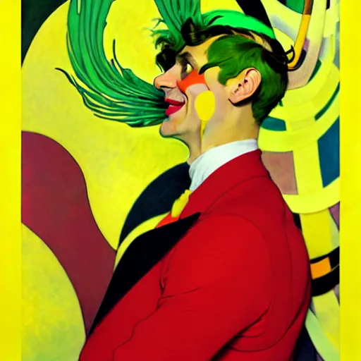 Image similar to art by joshua middleton, the yellow creeper, a tall manically smiling yellow - skinned man with green and black striped cycling shorts and wearing a long red feather boa, yellow makeup, mucha, kandinsky, poster, comic art, stylised design, red feather boa