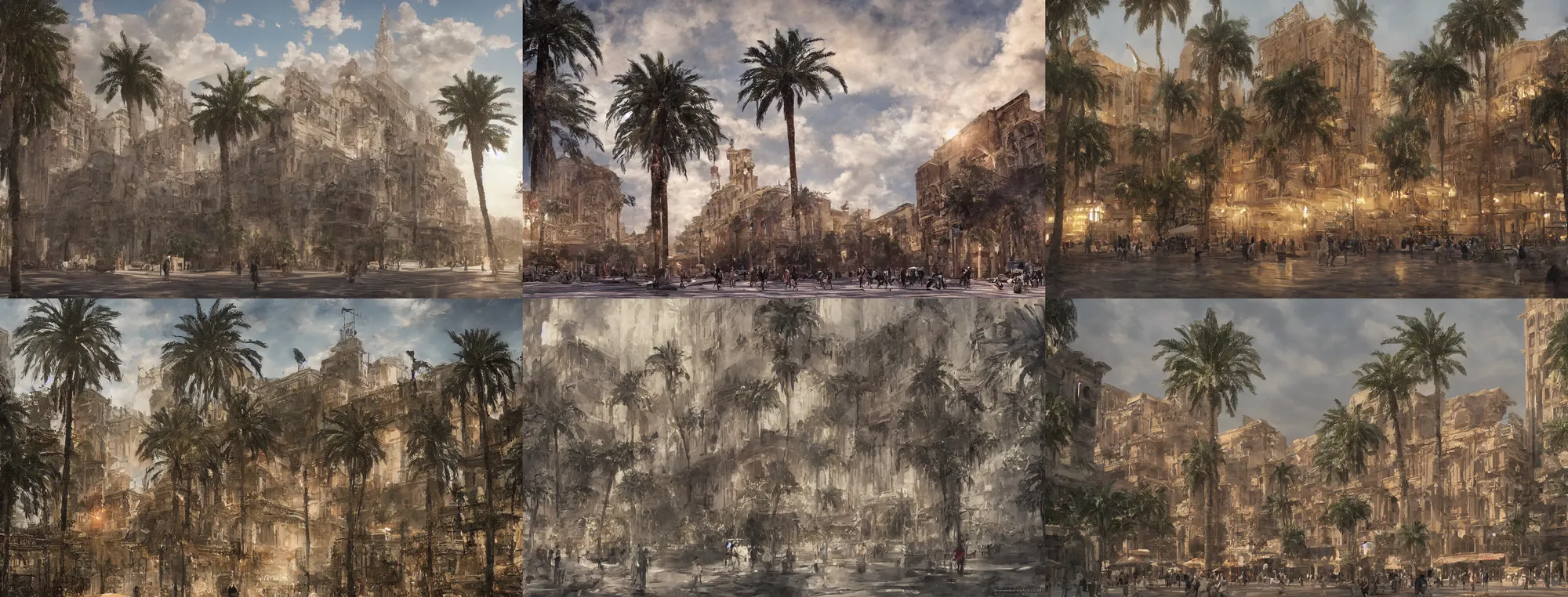 Prompt: beautiful cinematic concept art depicting the khedival opera house in talaat harb square, cairo, by wadim kashin and studio ghibli, dramatic clouds, lush date palm trees, evening, atmospheric, ambient light, octane render, artstation