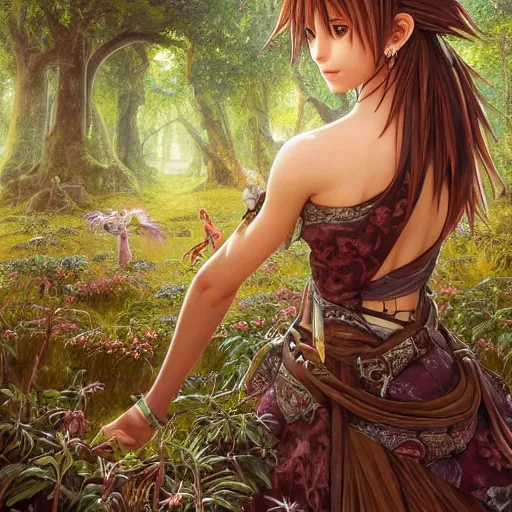 Prompt: intricate detailed portrait painting of sora from kingdom hearts a beautiful forest meadow, temple ruins surrounded by lush forest, afternoon, intricate, elegant, highly detailed, digital painting, sharp, focus, illustration art by artgerm and greg rutkowski and alphonse mucha