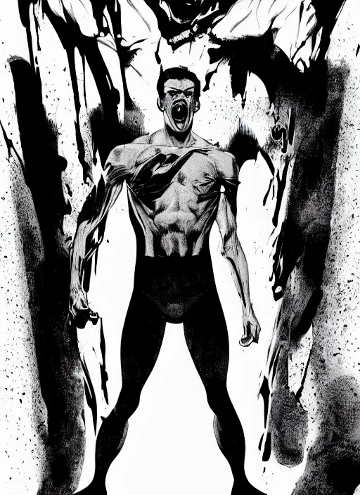 Image similar to aesthetic digital illustration of a solitary handsome screaming young man standing in an empty white room by brian bolland, rachel birkett, alex ross, and neal adams | sinister, dangerous, character concept, concept art, unreal engine, finalrender, centered, deviantart, artgerm