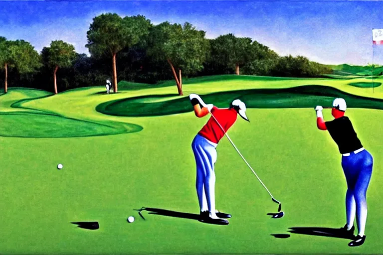 Image similar to Three golfers on beautiful driving range, Italian futurism