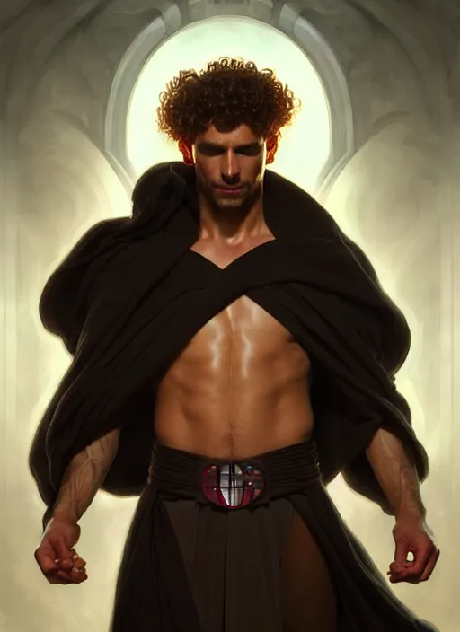 Prompt: Portrait of a man, curly hair, Sith, evil! muscular, robes! night!! intricate, elegant, highly detailed, digital painting, artstation, concept art, smooth, sharp focus, illustration, art by artgerm and greg rutkowski and alphonse mucha