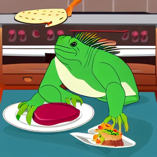 Prompt: iguana in the kitchen holding a spatula cooking a steak, cartoon style, anime,