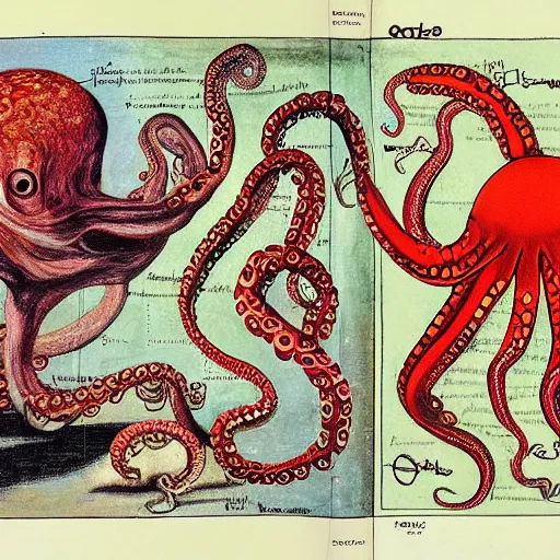 Prompt: screenshot of a page from a 1990s natural history book on octopus anatomy notes on illustrations by davinci,jamie hewlett,steven wiltshire,vivid bright colour pallette, high contrast, cycles render