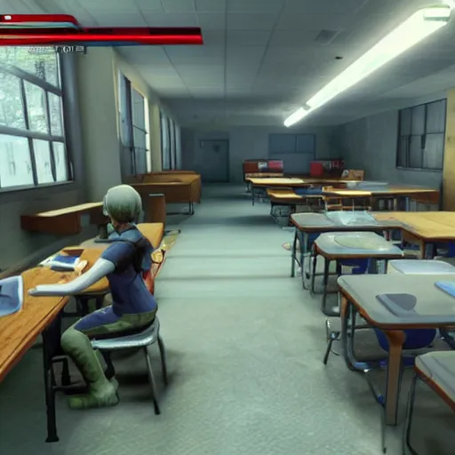 Image similar to screenshot of video game call of duty, inside elementary school, children are sat down at their desks learning