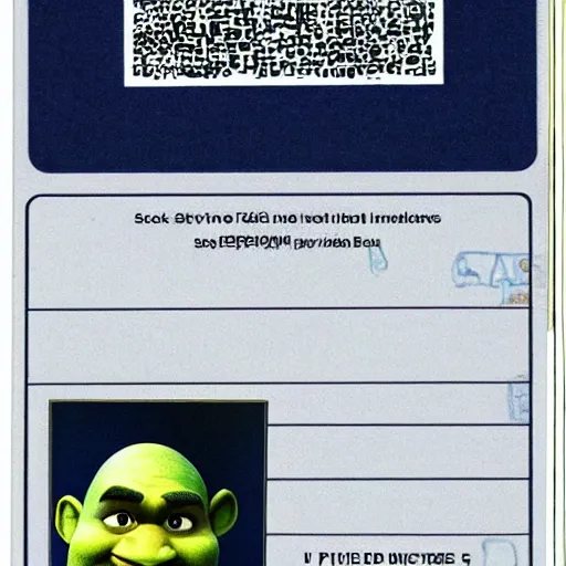 Prompt: A scan of shrek's driving license, with photo visible