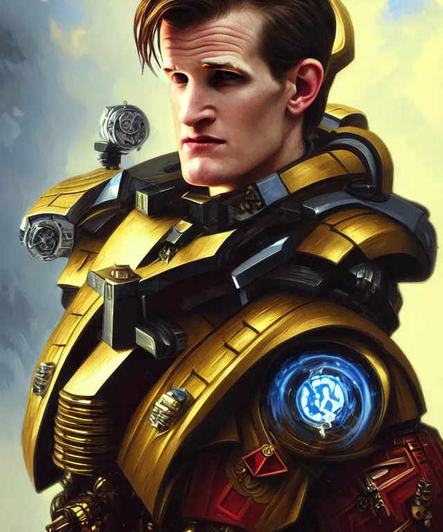 Image similar to Matt Smith Doctor Who as Warhammer 40k Space Marine, portrait, fantasy, intricate, elegant, highly detailed, digital painting, artstation, concept art, smooth, sharp focus, illustration, art by artgerm and greg rutkowski and alphonse mucha