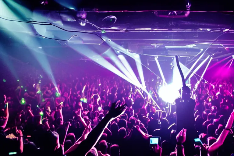 Image similar to a award winning photograph of a dj on stage spinning records with headphones looking over crowd dancing at a club, haze, moving heads light beams, spot lights, disco ball, silhouette