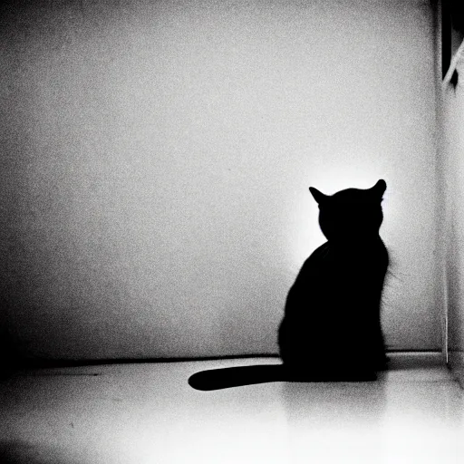 Image similar to depiction of the feeling of hopelessness, worthlessness, loneliness, of a cat, sad, frightening, depressing, miserable, stunning, intelligent, stark, vivid, sharp, crisp, ultra ambient occlusion, reflective, universal shadowing, 3 5 mm, ( 2 0 8 6 ) scary horror film still, extremely atmospheric lighting.