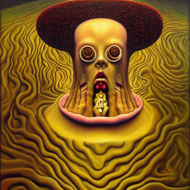 Prompt: an oil on canvas portrait painting, polycount, surrealism, surrealist, lovecraftian, cosmic horror, grant wood, gustav klimt, high detail