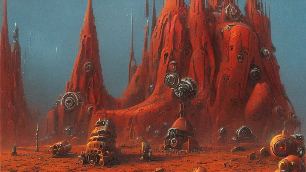 Image similar to mysterious whimsical sculpture of alien technology by paul lehr and john schoenherr and john harris, cinematic matte painting