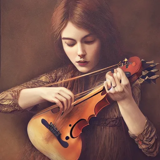 Prompt: ultra realist soft painting of folk musicians playing fiddle, mandolin, acoustic guitar, symmetry accurate features, very intricate details, focus, artstyle Hiraku Tanaka and Tom Bagshaw, award winning