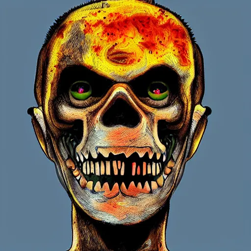 Image similar to smiling zombie portrait, digital art