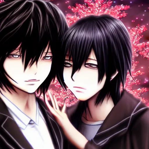 Prompt: Black haired L·Lawliet kissing the brown haired Light Yagami,Popular on Pixiv,Death Note,fantasy cherry blossom background