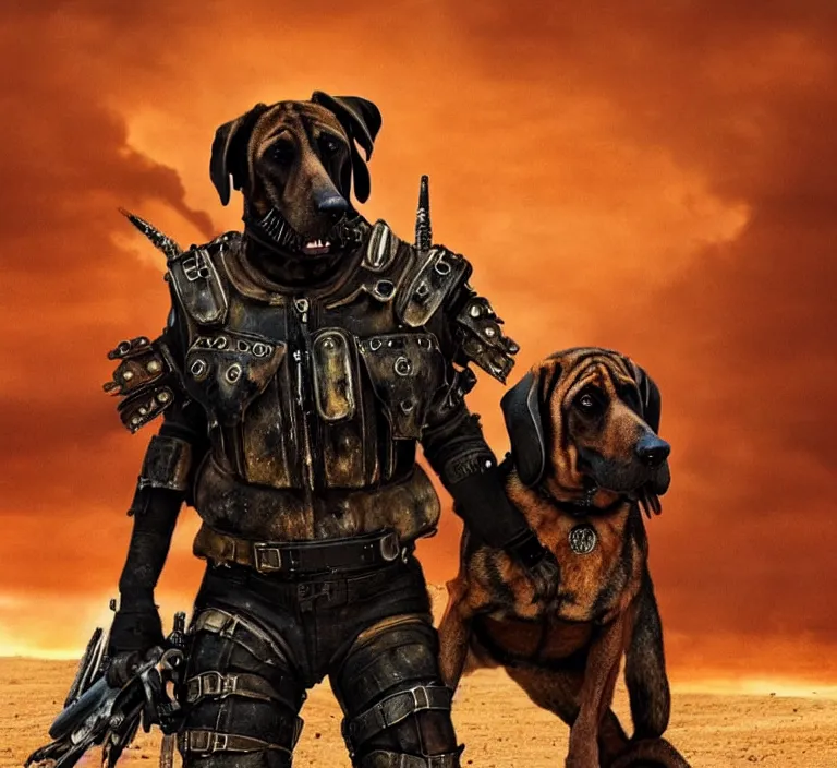 Image similar to a good ol'bloodhound pup fursona ( from the furry fandom ), heavily armed and armored facing down armageddon in a dark and gritty version from the makers of mad max : fury road. witness me.