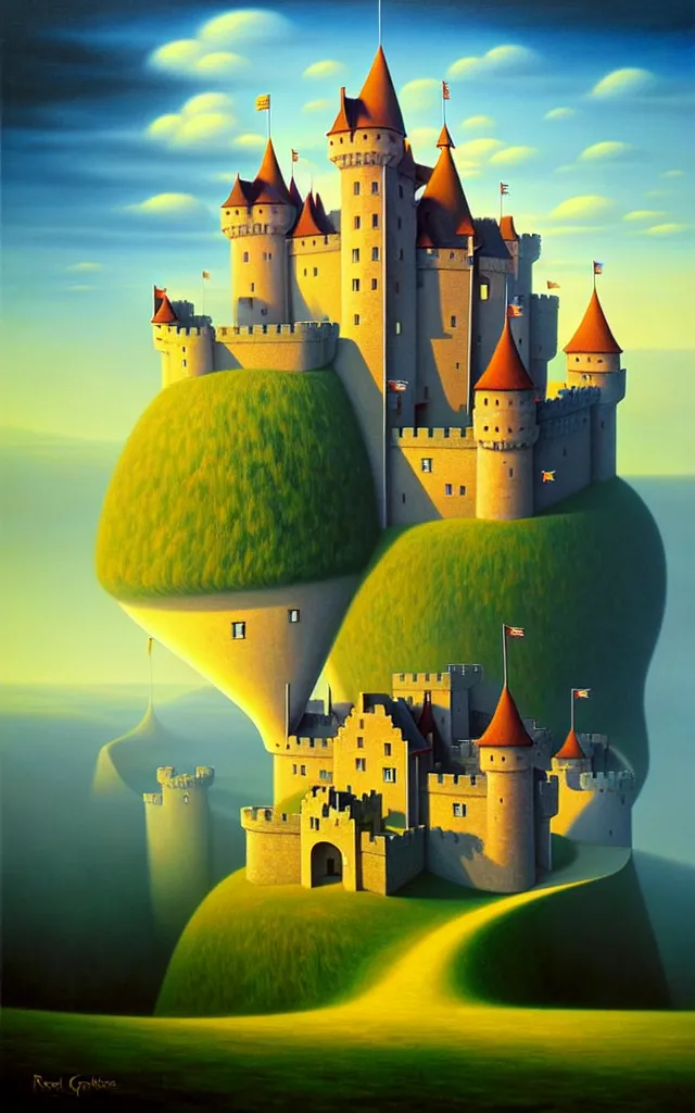 Image similar to close view of a castle an oil on canvas portrait painting of world castle happy place, volumetric light godray, surrealism, surrealist, impossible geometry, rob gonsalves, high detail fantastic gediminas pranckevicius