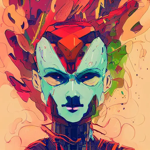 Prompt: portrait of a anthropomorphic evil robot with human characteristics, digital art, epic composition, fantasy, explosion of color, highly detailed, in the style of jake parker, in the style of conrad roset, swirly vibrant colors, sharp focus