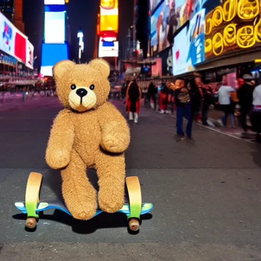 Prompt: a teddy bear riding a skateboard in times square at night