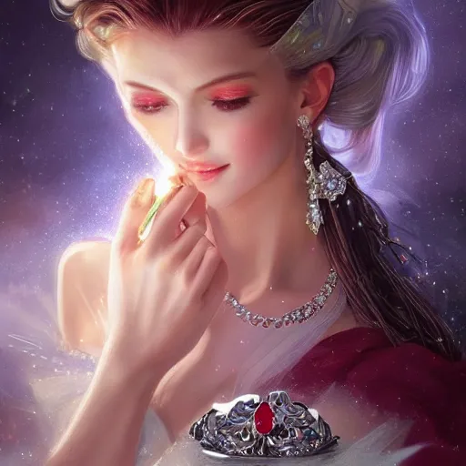 Prompt: a beautiful diamond wedding ring made of platinum glowing in sparkles with heavenly notes neo rococo, pearls and ruby, highly detailed sailor moon aesthetic, fantasy, intricate, elegant, highly detailed, digital painting, artstation, concept art, matte, sharp focus, illustration, artgerm and greg rutkowski and alphonse mucha