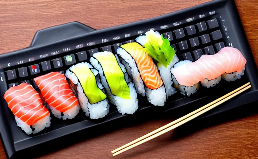 Image similar to a sushi platter in the style of a mechanical computer keyboard