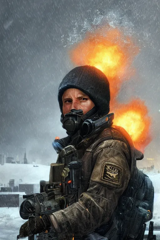 Prompt: close-up portrait of an agent from (Tom Clancy's The Division), (snowy new york in background), fires in background, high detail, digital art, matte painting, trending on artstation, by Tom Garden, by Marek Okon, by Abrar Khan