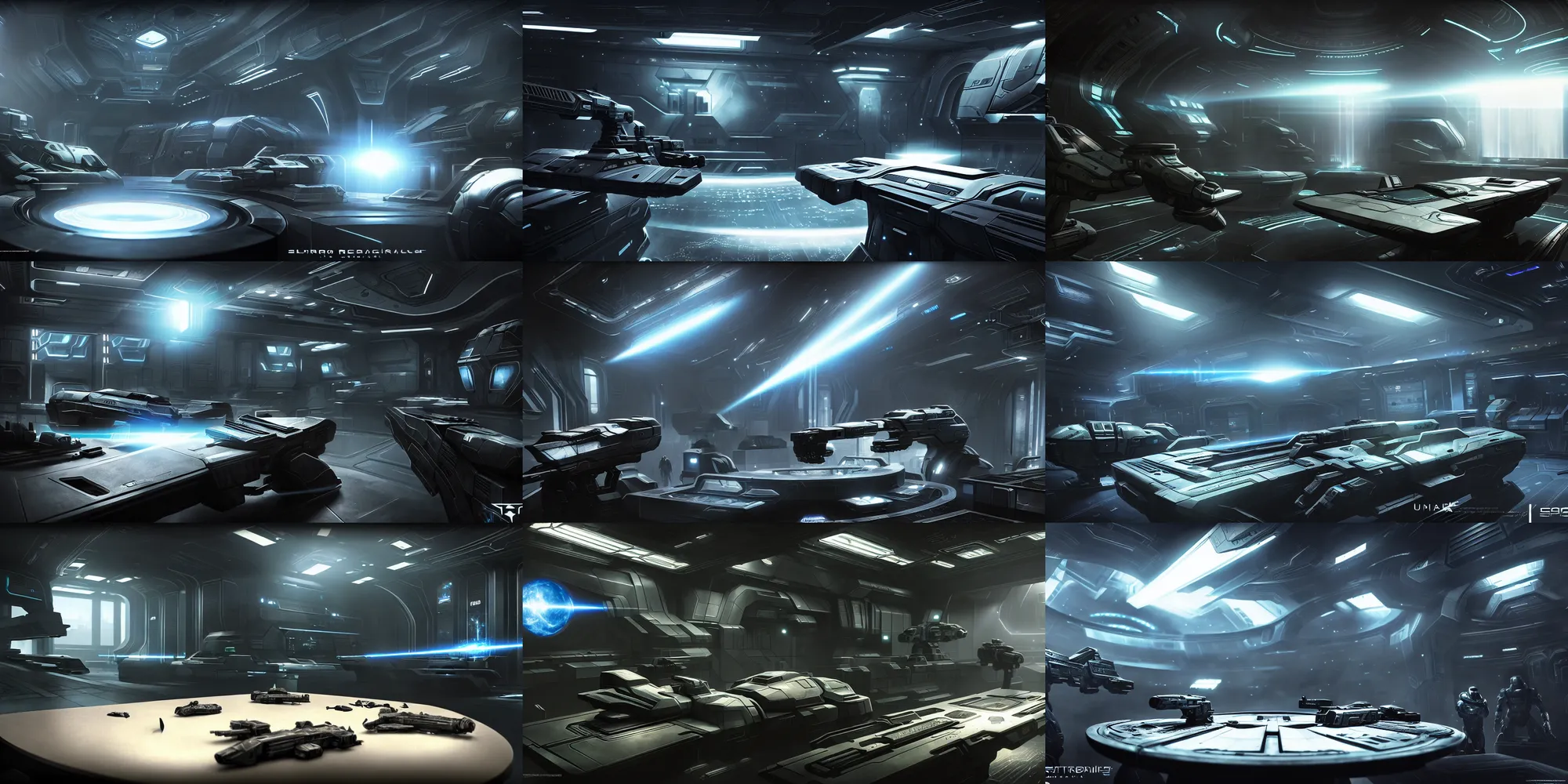 Prompt: ultra realistic, concept art, a variety of futuristic laser guns on a table in a locker room, science fiction, intricate details, halo, mass effect, destiny, deus ex mankind revolution, eerie, highly detailed, octane render, unreal, straight lines, sharp