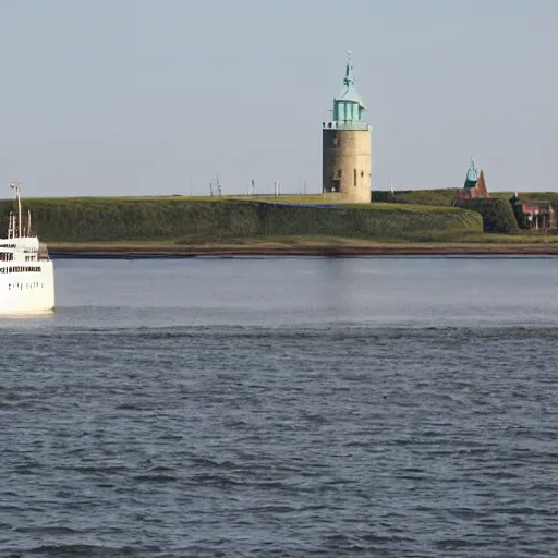 Prompt: a blue white black ferry at the sea outside kronborg castle