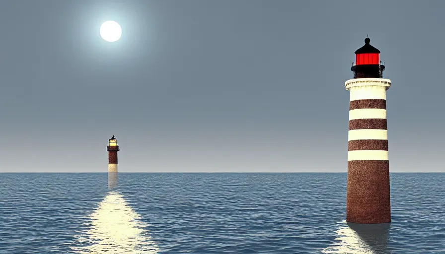 Image similar to a large full moon over a lighthouse out at sea, digital art, highly detailed, realistic, bright colors, 8 k