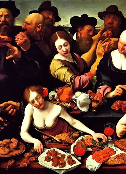 Image similar to bacon party in the style of a renaissance painting, insane detail, chiaroscuro oil painting, jan matejko, caravaggio, jan van eyck, gustave courbet, edward hopper, trending on artstation, artgerm