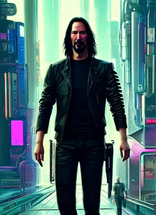 Prompt: portrait of Keanu Reeves as a character in Cyberpunk 2077, looking at camera, intricate, elegant, sci-fi, extremely detailed, digital painting, artstation, concept art, smooth, sharp focus, illustration, ambient lighting, incredible art by artgerm and greg rutkowski and alphonse mucha and simon stalenhag