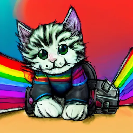 Image similar to wide angle full body, of a fluffy cute rainbow kitten wearing a black leather motorcycle jacket, concept art