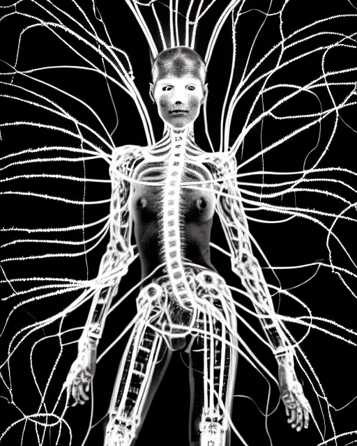 Image similar to black and white cyborg - plant goddess high quality photo, microchip, artificial intelligence, bio - mechanical bio - luminescence, black wired cables, neurons, nerve cells, cinematic, rim light, photo - realistic, high detail, 8 k, masterpiece, high fashion, in the style of steven meisel dora maar h. g. giger