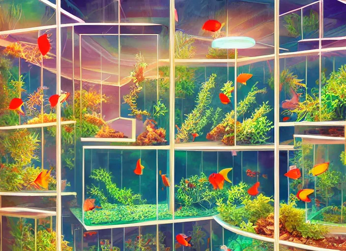 Image similar to arrays of betta tanks, pleasing two - point - perspective anime background clean neat clarity professional visual development set design, tiny cozy store with hanging bird cages and bright fish aquariums, sparse planted terrariums, dim painterly lighting volumetric aquatics, impasto, trending on pixiv