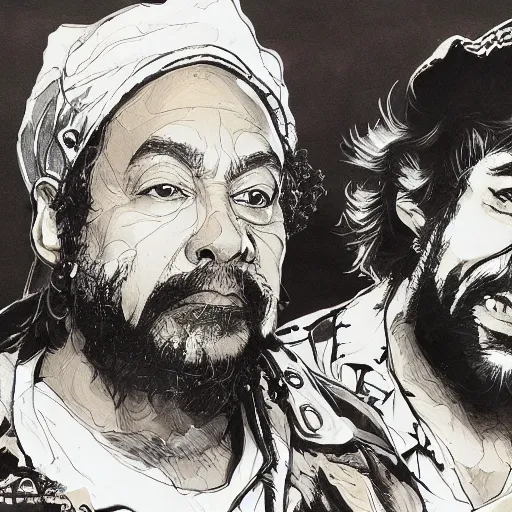 Image similar to portrait of cheech and chong, concept art, sumi - e style, intricate linework, artstation, trending, highly detailed, smooth, focus, art by yoji shinkawa,