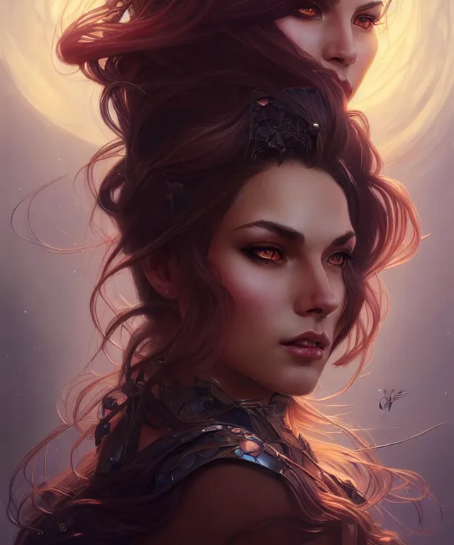 Image similar to fantasy magic woman portrait, sci-fi, amber eyes, face, long hair, fantasy, intricate, elegant, highly detailed, digital painting, artstation, concept art, smooth, sharp focus, illustration, art by artgerm and greg rutkowski and alphonse mucha