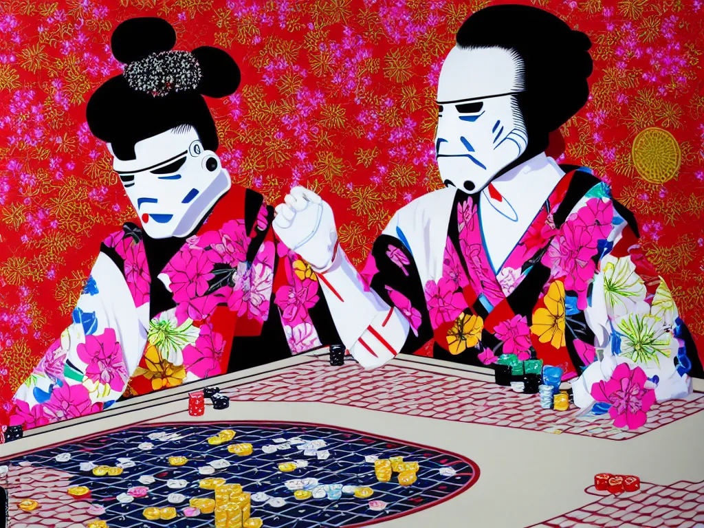 Image similar to hyperrealism composition of the detailed single woman in a japanese kimono sitting at an extremely detailed poker table with stormtrooper, fireworks and sakura tree on the background, pop - art style, jacky tsai style, andy warhol style, acrylic on canvas