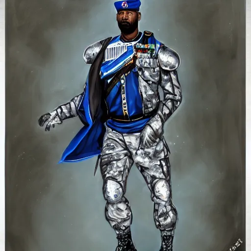 Prompt: full body portrait of the dictator of the orlando magic, 2 0 4 1, in full military garb, magic blue, silver, and black, oil on canvas by william sidney mount, trending on artstation, futuristic