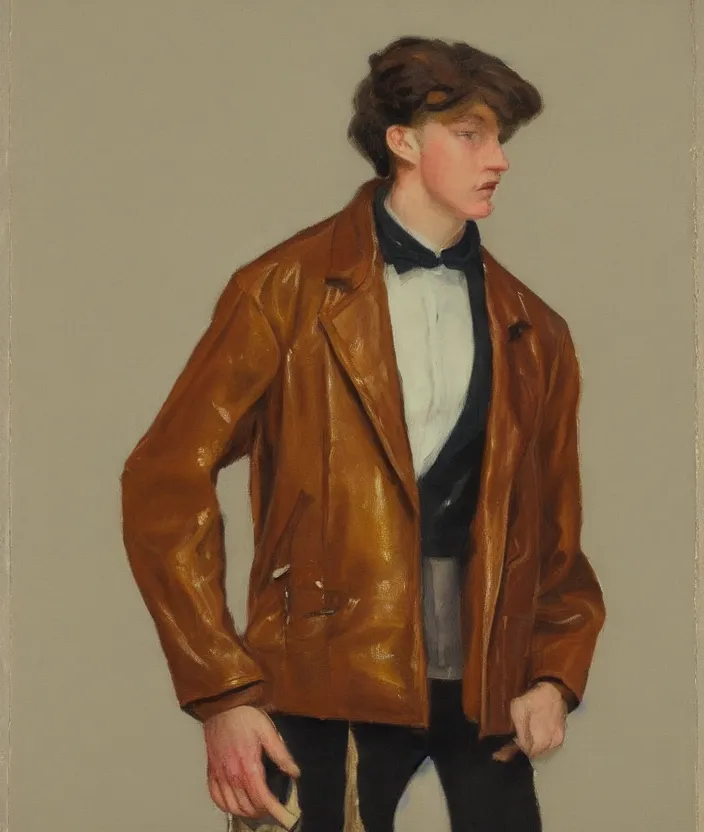 Prompt: a very detailed portrait of a man, wearing an 8 0 s jacket with big shoulder pads, very aesthetic leather jacket, detailed leather jacket, front view, in the style of edward hopper and oswald hornby joseph birley and susan ryder, very small brushstrokes, 4 k,