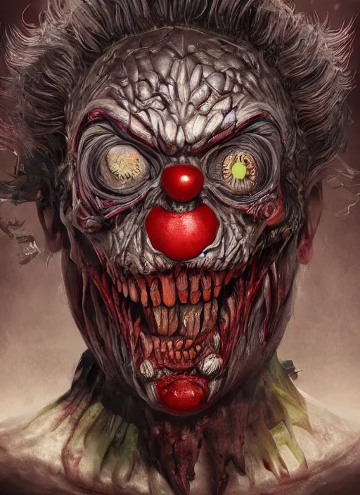 Image similar to evil horror clown, monster anatomy, ross tran, vivid colors, anatomical, highly detailed sculpture, intricate detailed, ommatidia, 8 k, cinematic atmosphere, post - processing