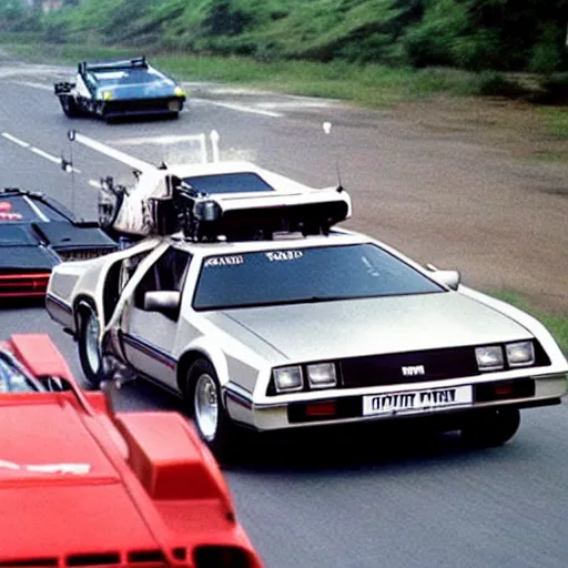 Prompt: a car race between KITT, ecto-1, A-Team van, and doc brown's Delorean