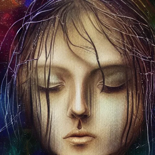 Image similar to beautiful detailed artistic portrait of a person travelling between different astral planes. reality is more interesting than you think. stripes if light. grainy and rough. fine detail. soft colour scheme. artistic detailed painting by lurid ( 2 0 2 2 ). featured on deviantart.