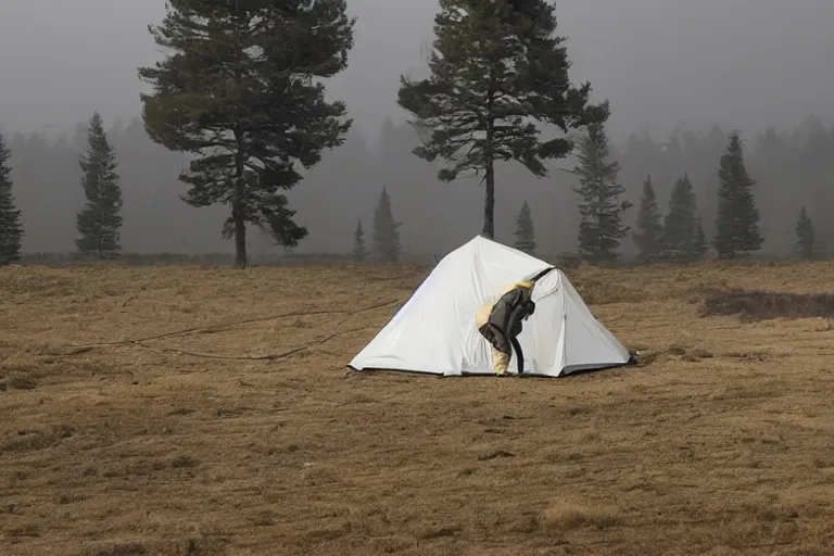 Image similar to man wearing hazmat suit in clean tent. by Roger Deakins