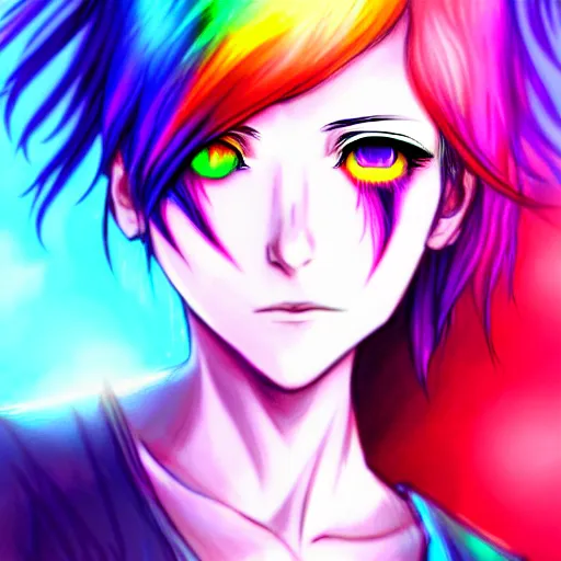 Image similar to a woman with rainbow hair and rainbow glowing eyes, anime, fantasy art, professional art, artstation, high detail