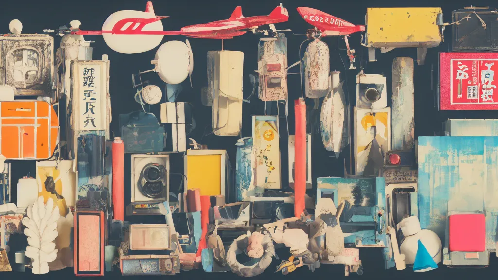 Prompt: an arrangement of popculture traveller props, japan, a collage painting, in the style of wes anderson, lola dupre, david hockney, isolated on negative white space background dark monochrome neon spraypaint accents volumetric octane render