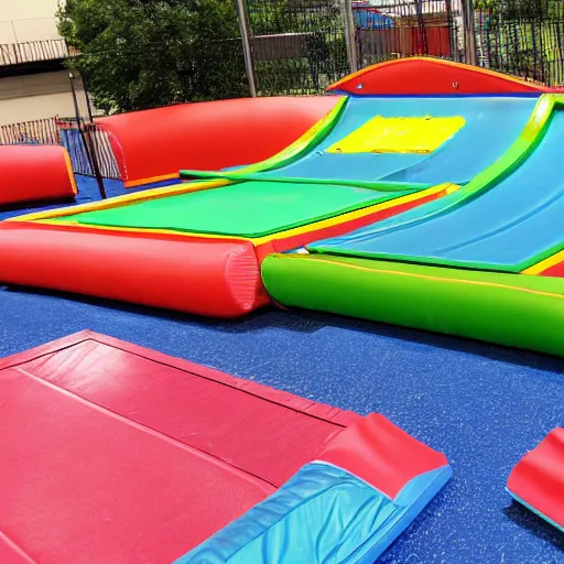 Prompt: Photograph of Kids Playground that is full of trampolines.