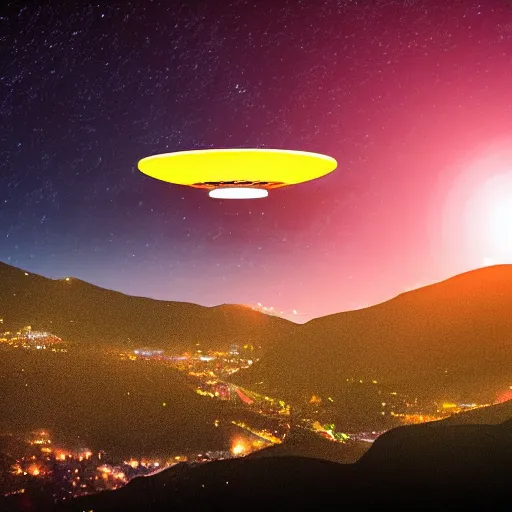 Prompt: UFO over a small mountain town, realistic, night, dramatic lighting,