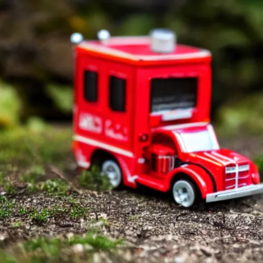 Prompt: a tiny toy fire engine with lights putting out a small fire