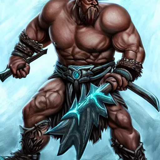 Image similar to frost goliath, with a two handed axe, tribal tattoos, very muscular, large fists, fantasy, d & d, intricate, detailed 4 k, trending on artstation, smooth, sharp focus